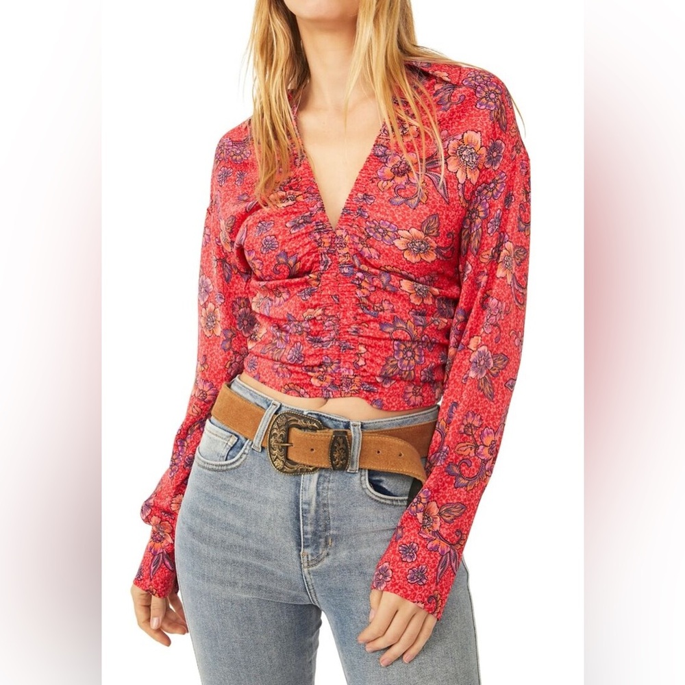 Free People I Got You Floral Printed Long Sleeve Ruched V-Neck Top xs & small